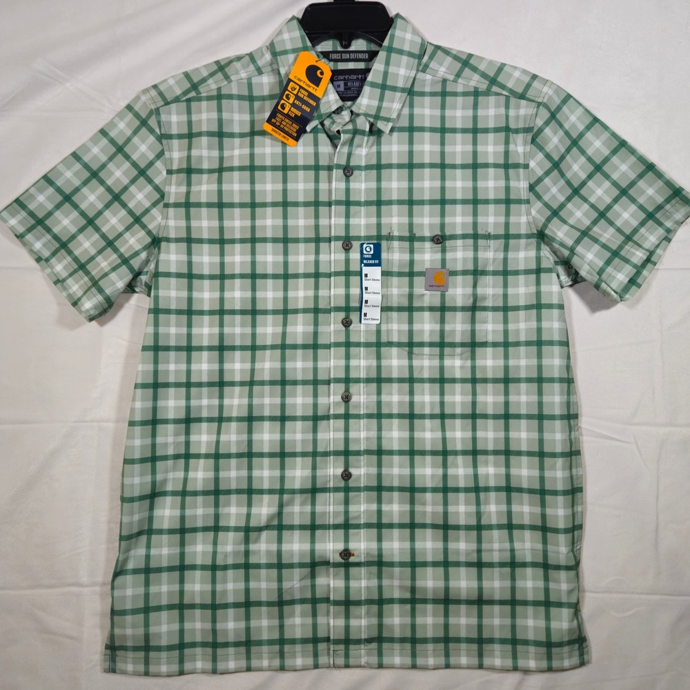 CARHARTT Mens Shirt Medium Green Plaid Force Sun Defender Short Sleeve NWT